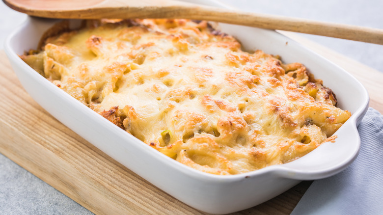 Casserole dish of homemade chicken Tetrazzini