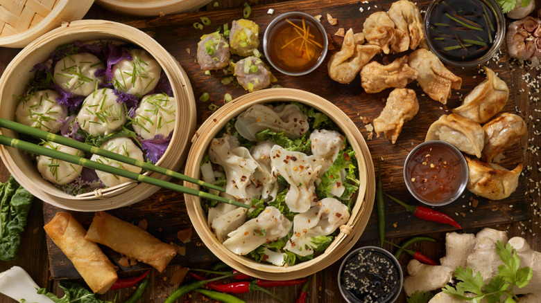 Aerial view of a table filled with Chinese foods