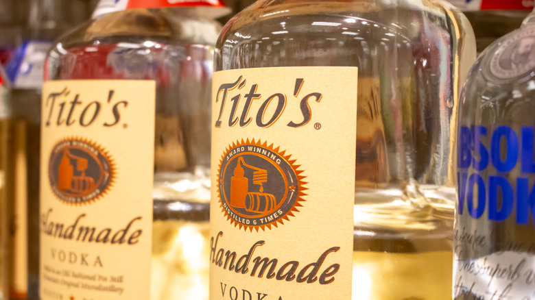 Close-up ofTito's Handmade vodka bottles