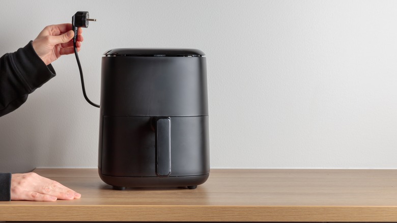 A person holding the plug from their air fryer