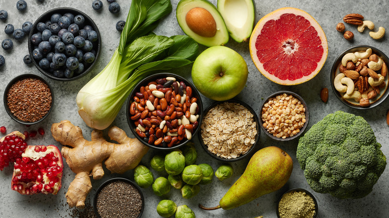 aerial photo of variety of super foods on countertop