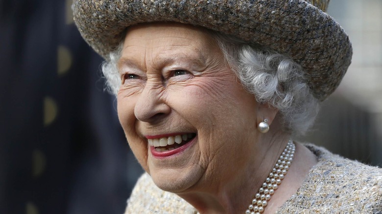 Queen Elizabeth smiling tweed
