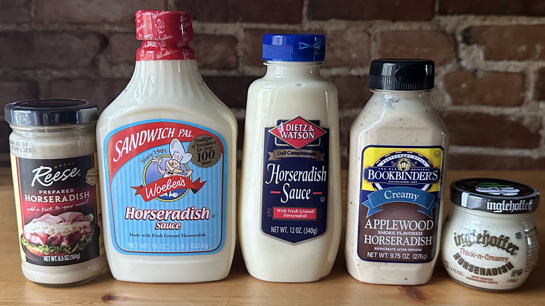 different bottled horseradish products on a table