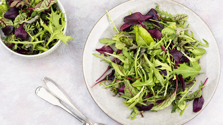 Salad mix in white bowl and on white bowl