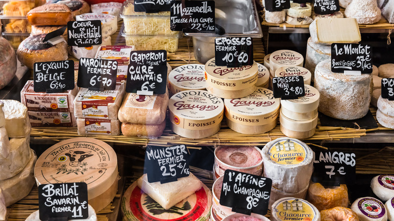 Selection of cheeses for sale