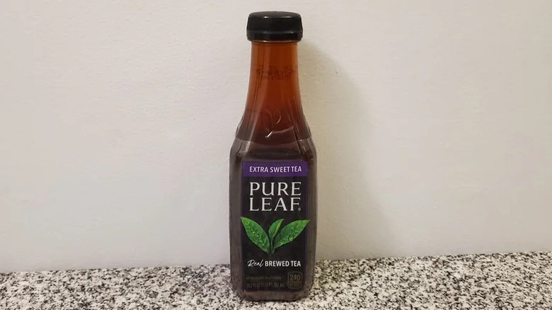 pure leaf extra sweet tea bottle on countertop
