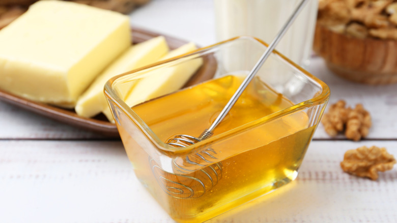 Honey and butter on a table