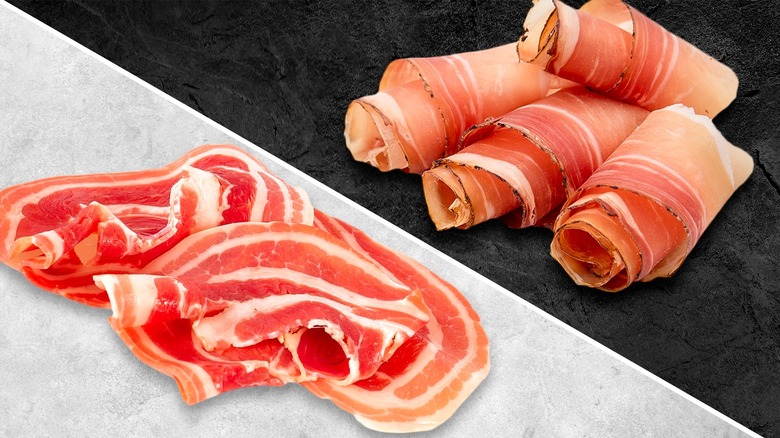 strips of bacon and rolls of speck
