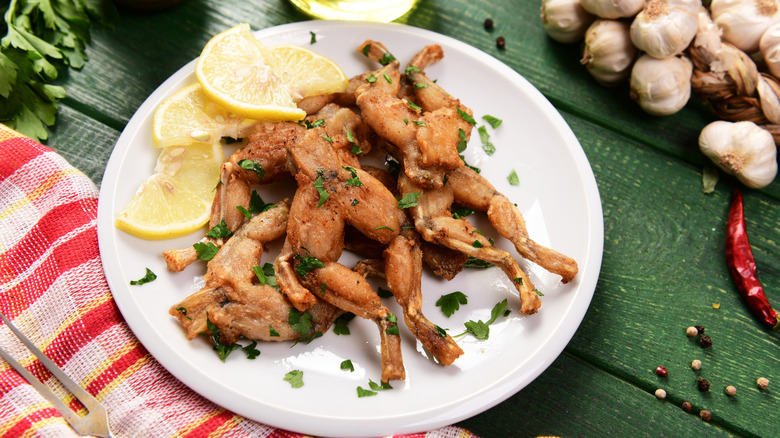 Frogs legs on white plate