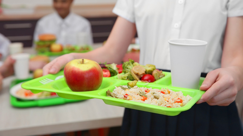 Child holding school lunch tray