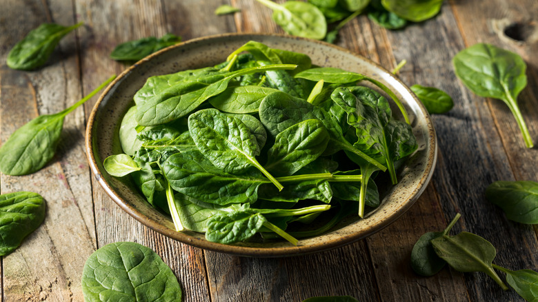 Fresh spinach leaves on plate 