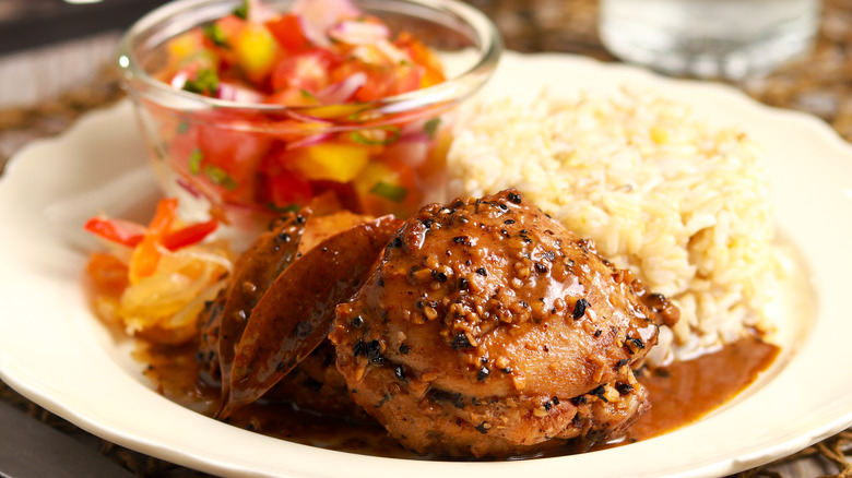 Chicken adobo with rice and salsa