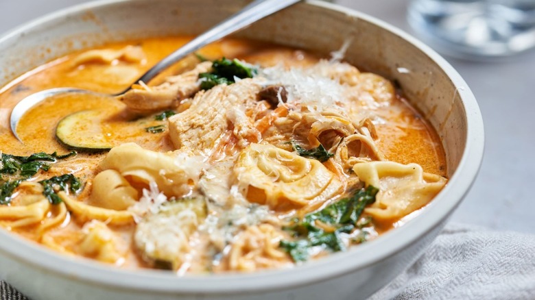 Close up of tortellini soup