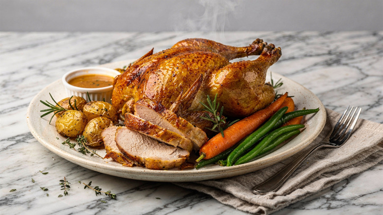 A roasted chicken with vegetables and sauce on a platter