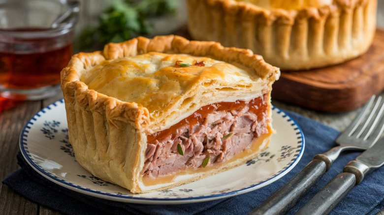 pork pie made with a hot water crust showing interior