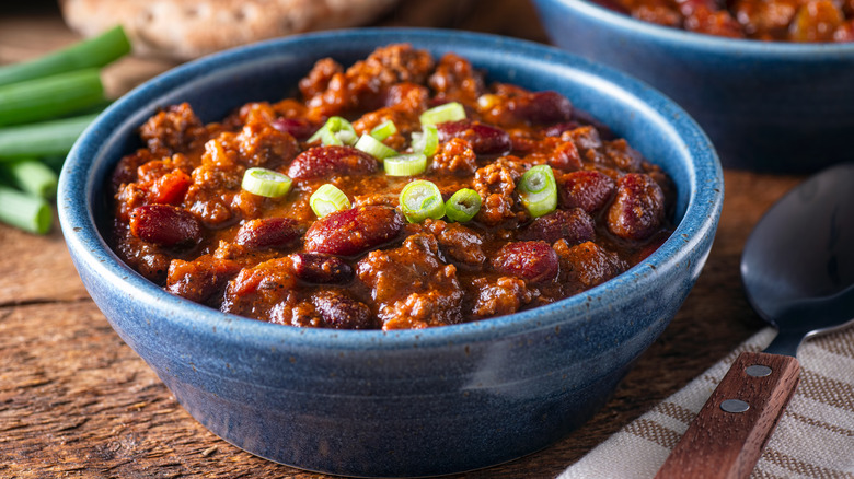 Chili in a blue bowl