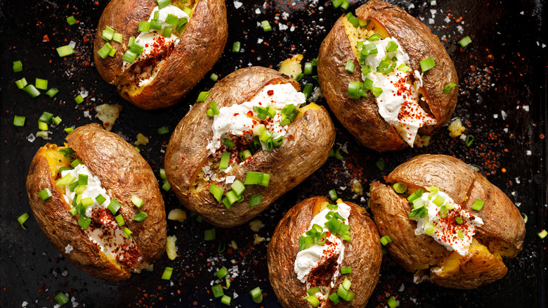 Top down view of baked potatoes