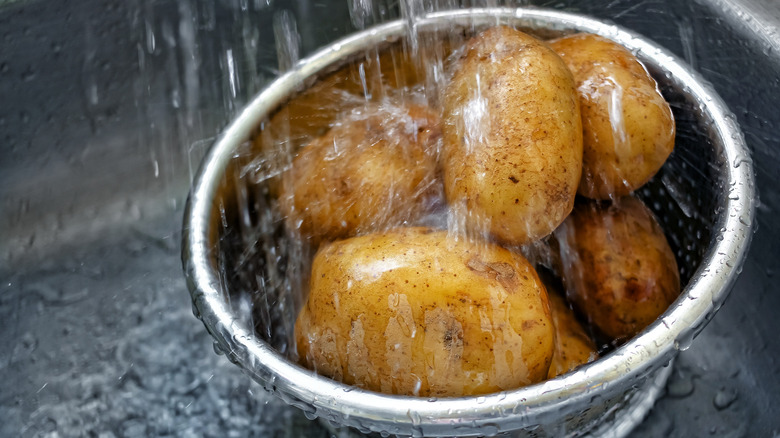 Potatoes under running water in a colander in a sink 