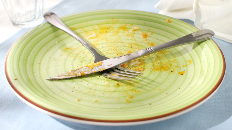 Mint green plate with crossed cutlery placed on it