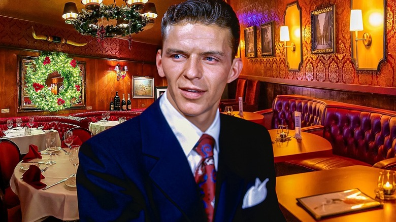 Frank Sinatra in front of restaurant interiors