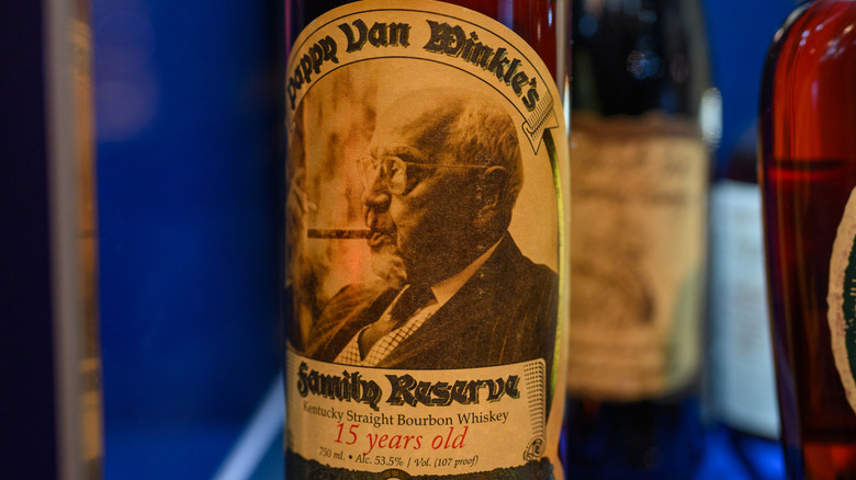 Close-up of a bottle of Pappy Van Winkle