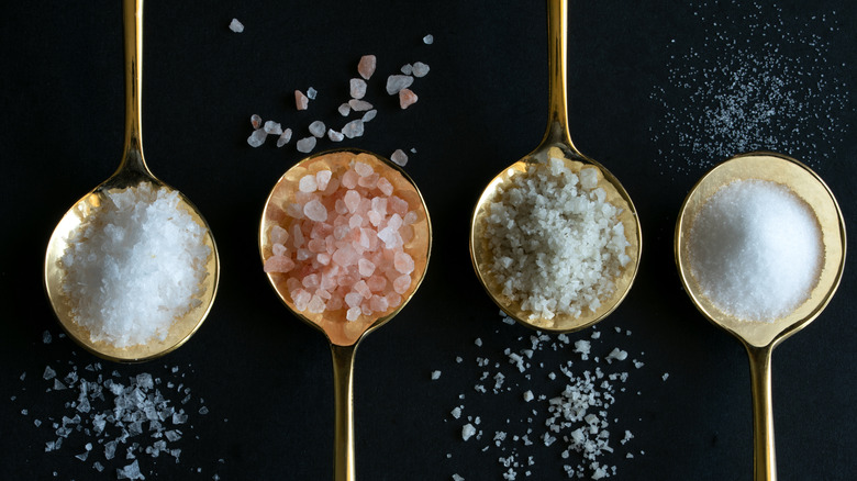 Gold spoons full of different kinds of salt against black background