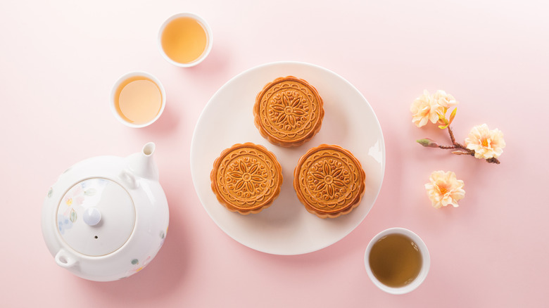 spread with mooncakes and tea