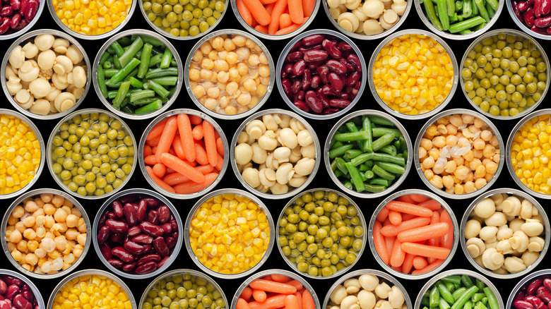 Overhead view of various canned foods
