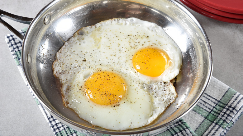 Eggs in stainless steel pan 