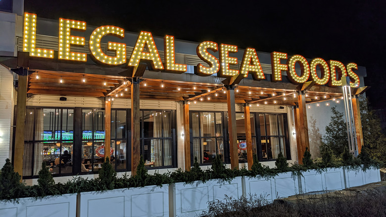 Legal Sea Foods front with a large neon sign spelling the name