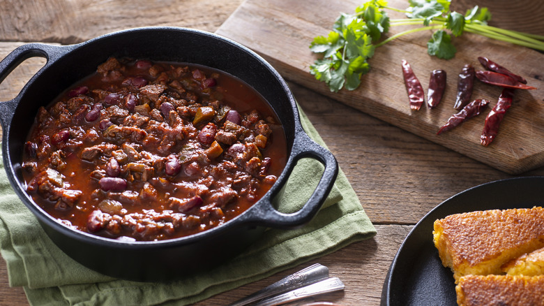 Chili in an iron skillet