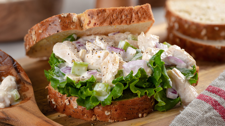 chicken salad sandwich overflowing