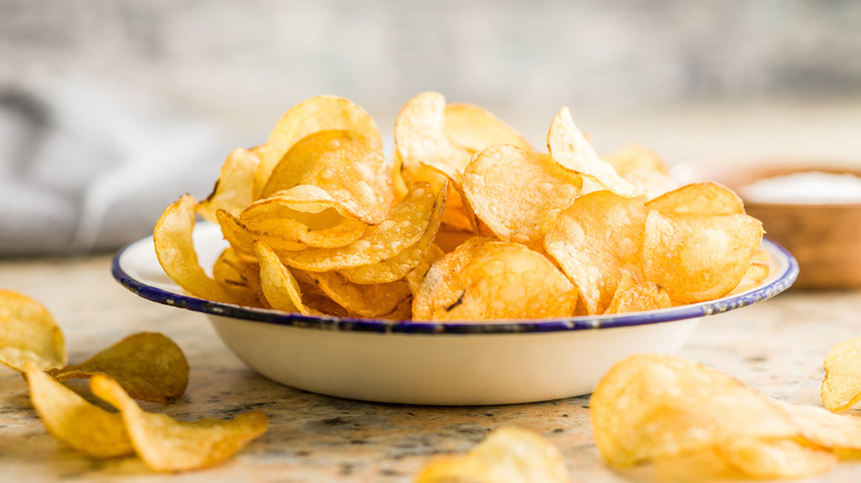 bowl of potato chips on kitchen counter