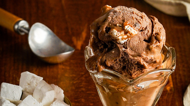 rocky road ice cream scoops in glass