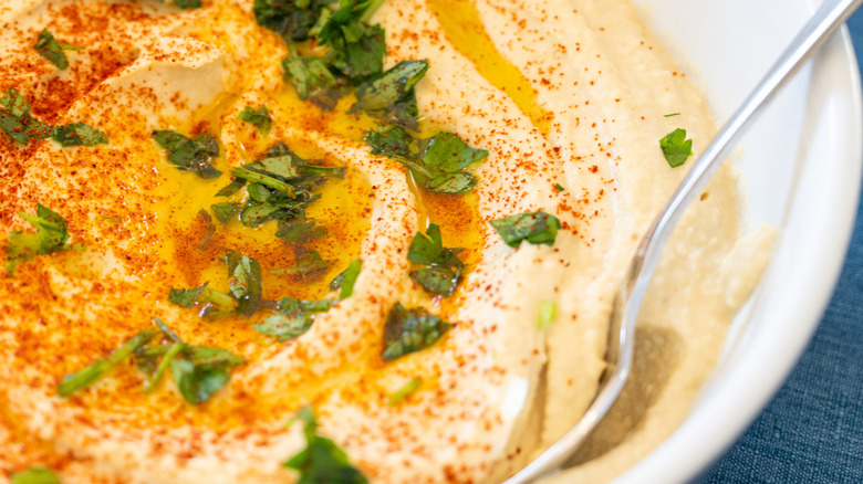 clsoeup of a bowl of homemade hummus