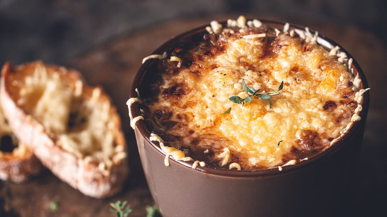 Close up bowl of French Onion Soup