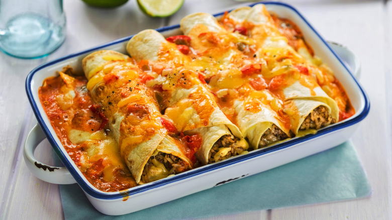 baking dish of beef enchiladas
