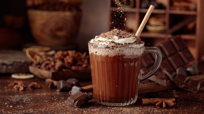 hot chocolate topped with cream and chocolate