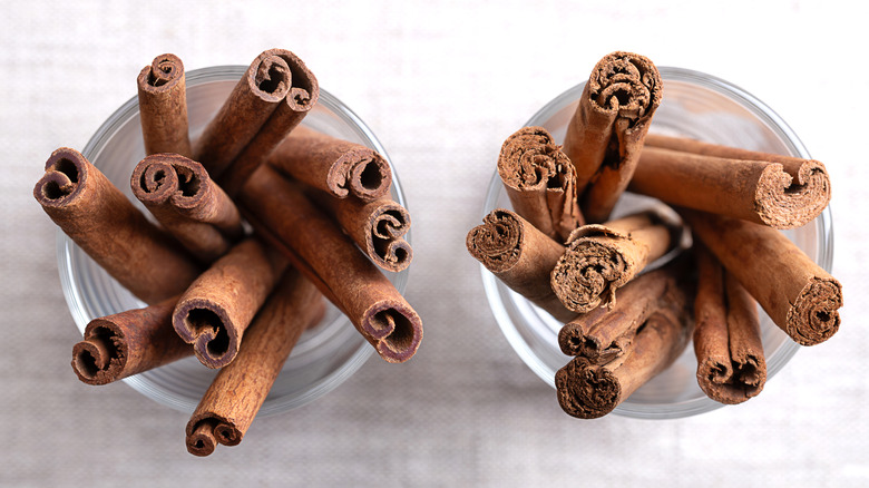 two jars of cinnamon sticks: cassia on left, ceylon on right