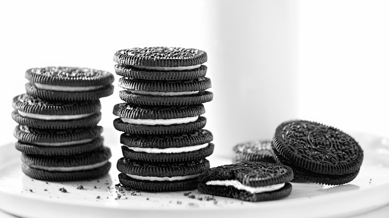 stacked Oreo cookies on plate
