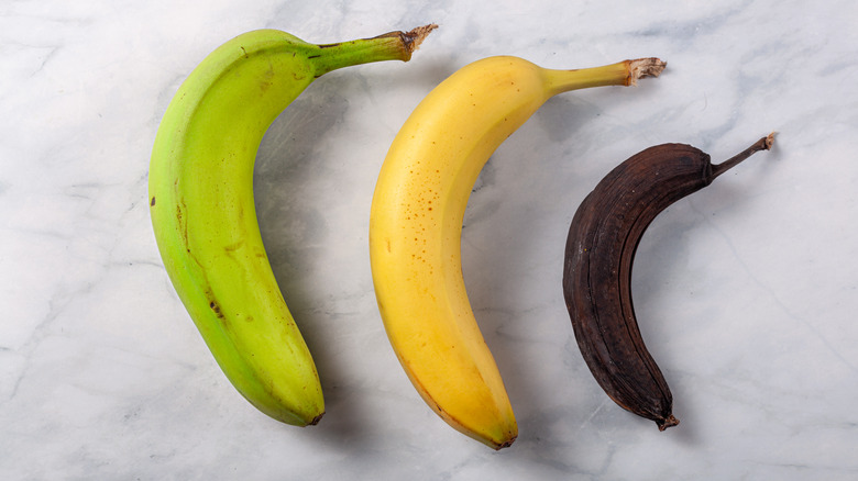 three different unripe and ripe bananas 
