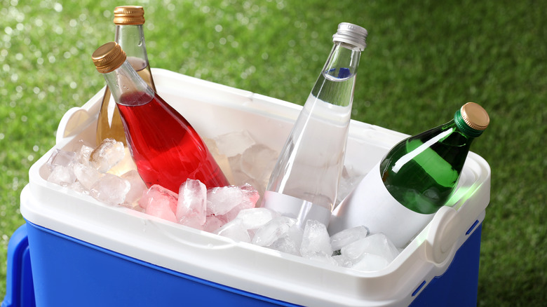 Blue cooler box with ice and drinks