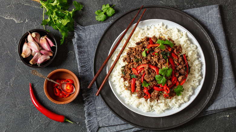 Ground beef and chilies over rice