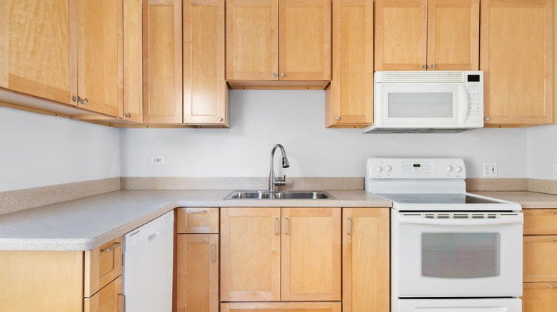 Builder-grade kitchen with wooden cabinets