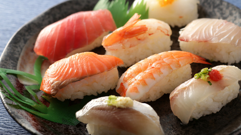 Mixed nigiri sushi on a platter