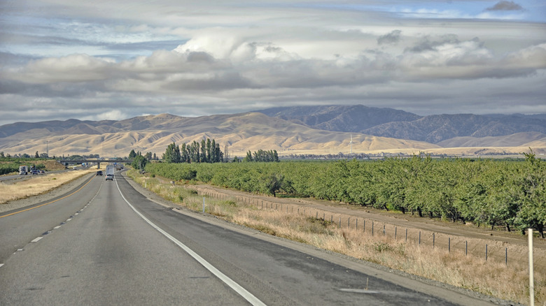 Highway stretching out through farmland in Patterson, California, with mountains and clouds in the background