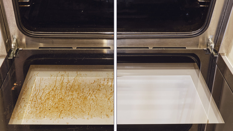 Split picture with dirty oven inside on the left and clean on the right.