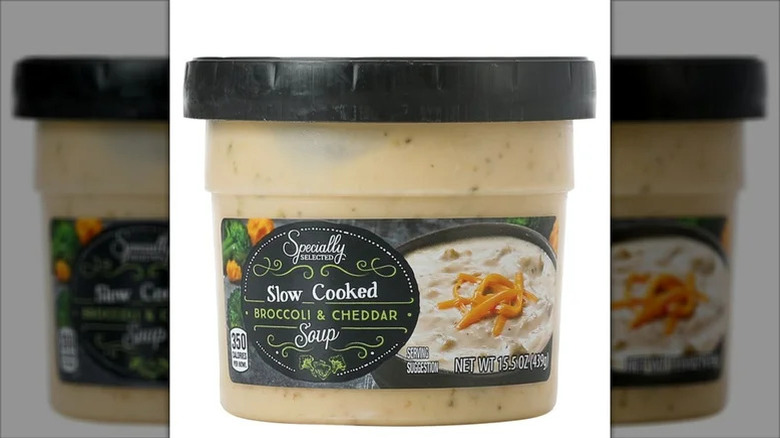A container of Aldi brand especially selected slow cooked broccoli and cheddar soup