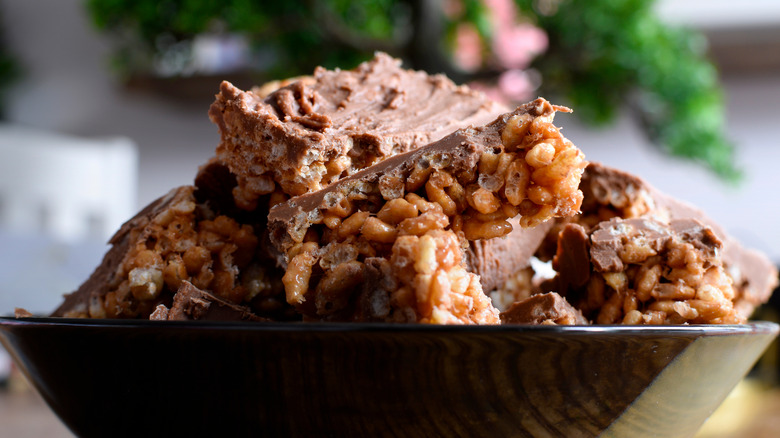 Bowl of chocolate covered Rice Krispy treats