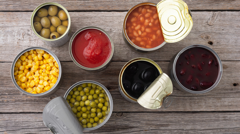 assortment of opened canned ingredients